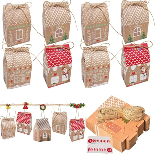 KARLOR 24 Stück Geschenktüten Krafpapier Geschenkbox Geschenkkarton Geschenktaschen zum Aufhängen Süßigkeitstüte Papiertüten Party Mitgebsel kleine Hausform mit Schnur Aufklebern