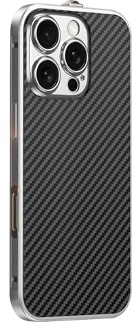 HAMEXLN Silver,16, Carbon Fiber Case for Iphone 16 Pro Max/16 Pro/16, Camera Protection Cover Shockproof Metal Border Luxury Anti-Fingerprint Shell