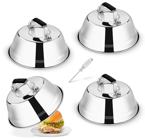 Homikit Burgerglocke, 4 Stück Edelstahl Burger Glocke mit Hitzebeständig Silikongriff, Schmelzglocke Burgerhauben Set für Grill Burger Steak, Teppanyaki, Innen & Außen, Spülmaschinenfest, 16,7x5,8cm
