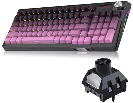 KUTETHY - Teclado mecánico inalámbrico con perilla, interruptores lineales prelubricados, Tri-Mode BT5.0/2.4GHz/USB-C/intercambio en caliente/estructura de junta/teclado retroiluminado RGB para juegos