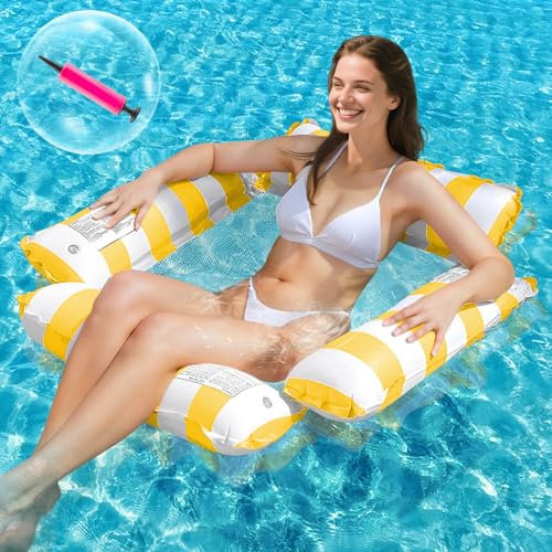 DOUUCO Hamac à eau pour piscine - 4 en 1 - Matelas gonflable - Hamac à eau avec filet et pompe d'inflateur - Matelas gonflable résistant avec filet pour adultes - Jaune