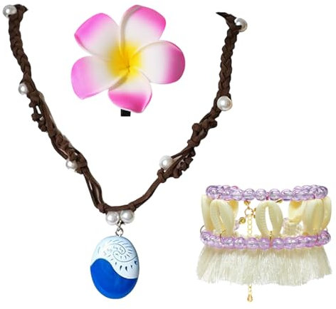 TUONYIS 3 Stück Prinzessin Vaiana Halskette Zubehör,Moana Prinzessin Kostüm Kinder Damen Mit Blume Haarspange Anhänger Halskette Boho Shell Anklet für Geburtstag Karneval Halloween Cosplay (3)