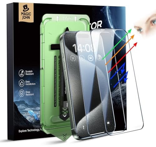 MAGIC JOHN 2 Pack for iPhone 15 Pro Max (6.7) Eye Protection Screen Protector, HD Clear, Auto Dust-Elimination, 9H Tempered Glass & Scratch Resistance, Full Edge Coverage
