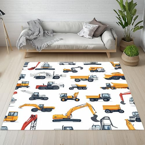 Dpvbffx Bagger Kran Traktor Teppich rutschfest Weich | Truck Baufahrzeuge Teppich Wohnzimmer 100x150 cm, Karikatur Auto Teppiche Kurzflor fur Schlafzimmer Badezimmer Kinderzimmer