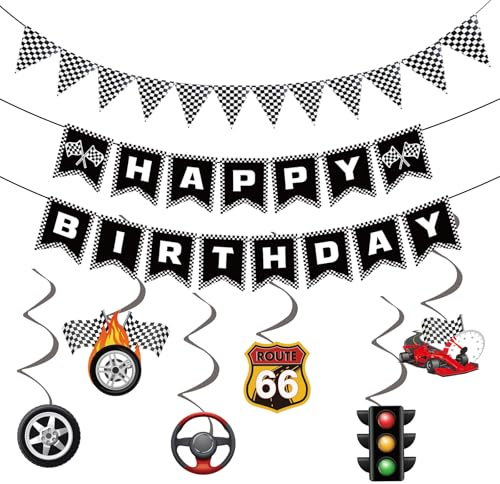 Rennwagen Happy Birthday Girlande, 3 Stück Set Rennauto Girlande und Geburtstag Wimpelkette Happy Birthday Banner Racing Geburtstagsdeko Girlanden für Kinder Racing Car Party