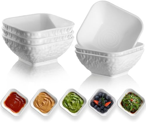 Kyraton Dip Bowls Set 6pcs 180ml, White Plastic Dipping Bowls Soy Sauce Plate for Side Dishes, Reusable, Condiment Server for Tomato Sauce, Vinegar, BBQ and Party Dinner, Mini Appetizer Plates.