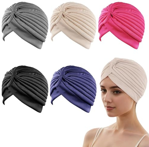 5er Set Turban Mütze für Damen, Weiche Vorgebundene Beanie Turbans mit Knoten, Elastische Schlaf- und Alltagsmützen, Komfortable Kopfbedeckung