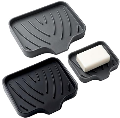 WENXINWIN 2Pcs Silicone Soap Dish, Soap Dish with Drainage, Black & Grey | Anti-Slip Shower Soap Holder, Self Draining Soap Dish for Shower, Bathroom & Kitchen, Keep Soap Dry & Easy Cleaning
