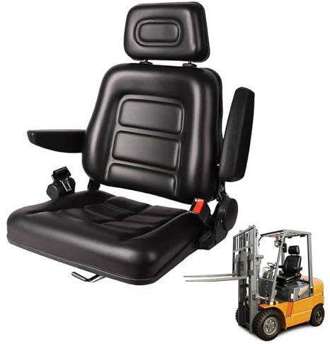 Sedile universale per trattore, sedile per carrello elevatore pieghevole con schienale regolabile e cintura di sicurezza, poggiatesta regolabile in 3 posizioni, braccioli pieghevoli e guide scorrevoli