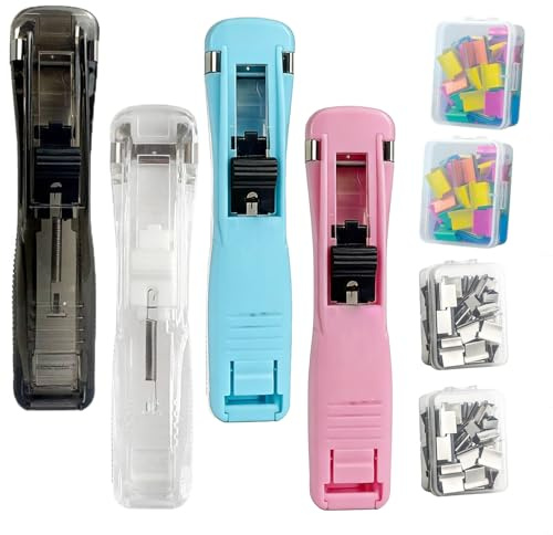 4 Pcs Tragbarer Binder Clip Tacker, Inklusive 200 Wiederverwendbare Clips, Reusable Desktop Stapler with Clip Dispenser for Office Home, Handheld Paper Staplers Fastener for Desk Document (Mixed-A)
