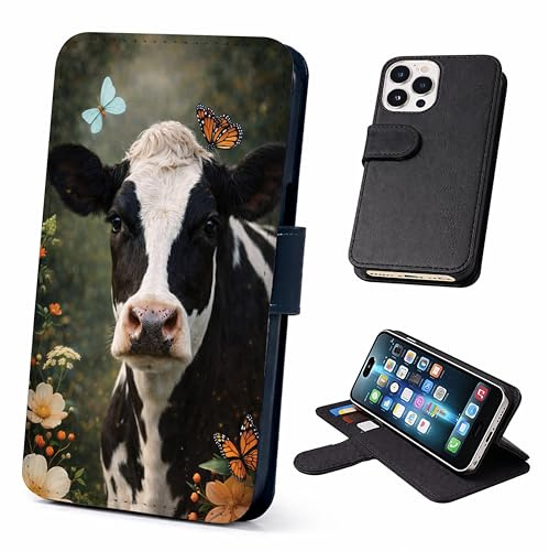 Speaking of Gifts Dairy Cow Wallet Phone Case Flip Cover Compatible with iPhone SE 7 8 X XR 11 12 13 14 15 16 16E 17 Plus Mini Pro Max – Faux Leather Dairy Cow Butterfly Print, Farm Animal