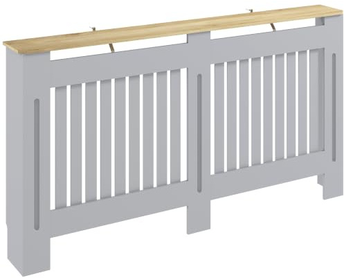 HOMCOM Slatted Radiator Cover Painted Cabinet 152L x 19W x 81H cm Grey | MDF Lined Grill
