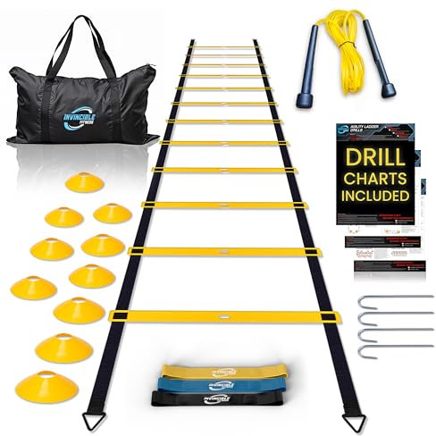 Escalera de Agilidad Set, 11 peldaños, Duradero Materiales, portátil Bolsa de Transporte, Incluye 4 piquetas de Metal + Bonus: 2,5 Lacrosse Masaje Pelota, por Invencible Fitness