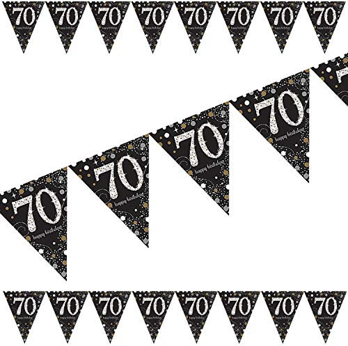 Carpeta: 4m Wimpelkette * Zahl 70 * in Gold-Silber-Schwarz | Glitzer Deko zum 70. Geburtstag oder Jubiläum | Sparkling Dekoration