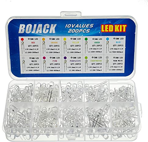BOJACK 10 couleurs 200 pièces 5mm LED diodes lights assored kit (Transparent DC 2V - 3.2V 20mA) lampes ampoule à éclairage puissant composants électroniques 5 mm diodes électroluminescentes