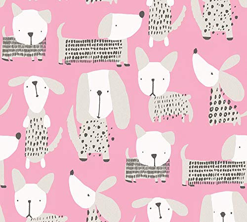 A.S. Création Papiertapete Boys & Girls 6 Tapete mit niedlichen Hunden 10,05 m x 0,53 m rosa weiß Made in Germany 367552 36755-2
