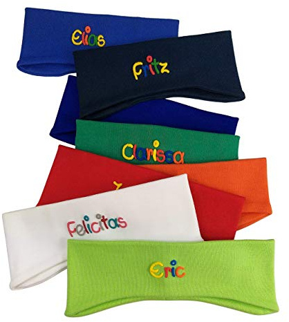 Ohrenstirnband rot dunkelblau grün blau orange rot weiß für Kinder mit Namen - Personalisiertes Stirnband mit Ohren für Jungen oder Mädchen
