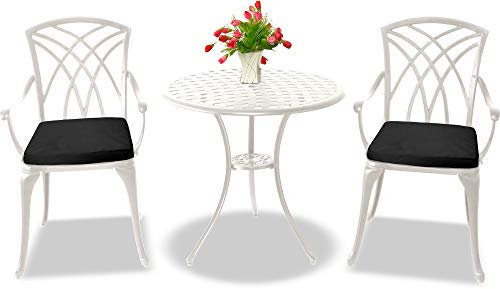 Centurion Supports OSHOWA Luxurious Garden & Patio Table & 2 Large Chairs with Armrests Cast Aluminium Bistro Set - White with Black Cushions