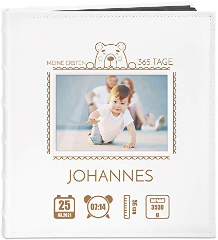 Maverton Fotoalbum zum Selbstgestalten mit Bildausschnitt + mit Gravur | Schwarze Seiten, Größe 33x30cm, Weiß, personalisierte Geschenke für Kinder zur Taufe Kommunion, Geburtstagsgeschenk