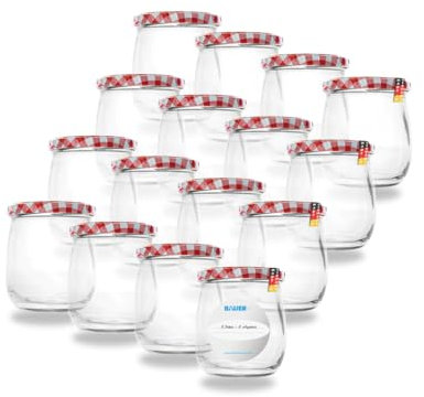 Flaschenbauer 417ml Premium Einmachgläser, 16 x vielseitige Konservengläser mit TO82 Twist-Off Deckel, inklusive Etiketten - für Marmeladen, Honig, Obst, Gemüse - Diverse Farben & Sets [Rot/Weiß]