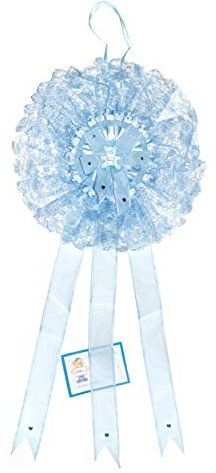 BM Ricami - Fiocco Nascita Bimbo Azzurro in Pizzo, Organza e Strass ; Misura XL 27X60cm (Azzurro)