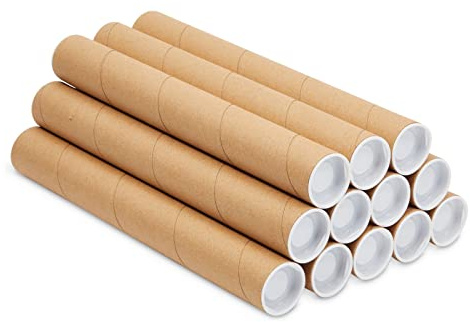 Stockroom Plus 12-Pack Mailing Tubes with Caps, 1.5x12-Inch Kraft Paper Poster Tube for Shipping, Packing, Bulk Round Packaging, Cardboard Mailers, Art Prints, Maps, Blueprint (Brown)