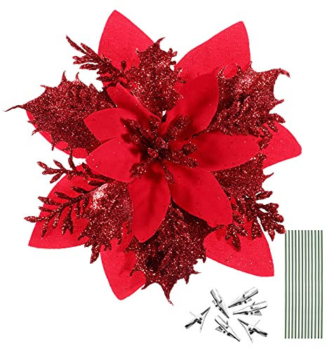 Tomaibaby 12Pcs Weihnachten Glitter Künstliche Weihnachtsstern Blumen mit 12Pcs Vorbauten Und Clips Weihnachten Baum Dekorationen Blumen Ornamente Party Dekoration für Weihnachten Neue Jahr