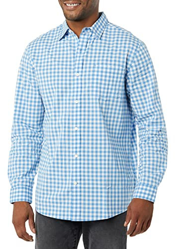 Amazon Essentials Men's Long-Sleeved Regular-Fit Stretch Poplin Shirt, Light Blue White Gingham, XL