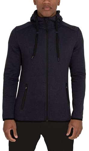 TCA Men’s Revolution Tech Workout Thermal Running Hoodie Jacket with Zip Pockets and Thumbholes - Navy Marl, XL