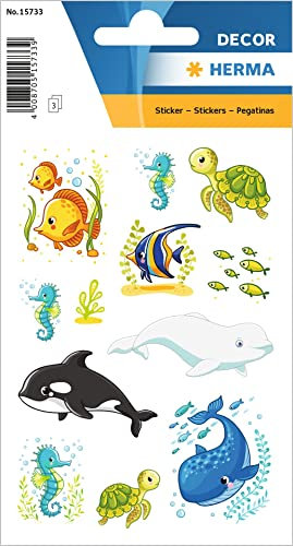 HERMA 15733 Aufkleber Meerestiere klein, 36 Stück, Tiere Sticker mit Seepferdchen Fisch Blauwal Schildkröte Orca Motiv, Kinder Etiketten für Fotoalbum Tagebuch Scrapbooking Geburtstag Deko DIY Basteln