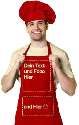 BLAK TEE — Schürze Personalisiert mit Ihrem Foto und Text Wunschmotiv — Kochschürze Selbst Gestalten — Personalisierte Geschenke für Männer und Damen — Verstellbarer Kragen und Vordertasche — Rot