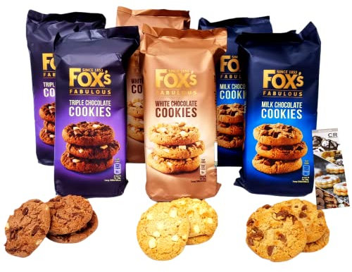 Fox's Fabulous cookies 6 x 180g - 2 x milk chocolate, 2 x triple chocolate, 2 x white chocolate. Biscuits for Special Occasions, to share with friends and family.