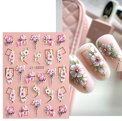 5D Stereoskopisch Geprägte Blumen Nagelaufkleber Abziehbilder, Sommer Nail Art Stickers Selbstklebend Aufkleber DIY Nageldesign Dekoration Fingernägel Tattoos für Frauen Nagelstudio,Rosa Blumen