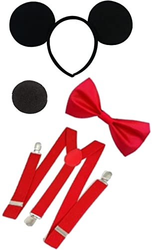 Mega_Jumble Adult Mickey Mouse 4 Piece Set - Blackmouse Ear Headband, Nose, Red Braces and Bow Tie | Men's Nightout, Fun Run, Theme Party Cosplay Fancy Dress Costume Kit
