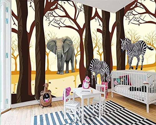 Wall Murals Self-Adhesive Stickers Wallpaper Elephant Zebra Animal Cartoon 3D Customized Any Size Wall Painting Living Room Boys Girls Bedroom Nursery Background Wall Art Decoration 300(W) x210(H) cm