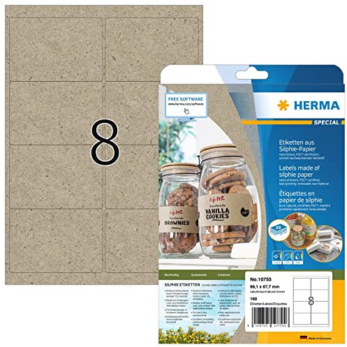 HERMA 10755 Adressetiketten aus Graspapier, 20 Blatt, 99,1 x 67,7 mm, 8 pro A4 Bogen, 160 Stück, selbstklebend, bedruckbar, matt, blanko Silphie-Papier Adressaufkleber Etiketten, natur-braun