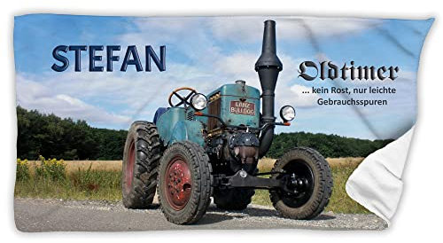 Unikatolo Badetuch Traktor Oldtimer mit Name personalisiert 70 x 140 cm | Trecker Landwirt Geschenk personalisiert Männer Retro Bauern Männergeschenk runder Geburtstag Vatertagsgeschenk