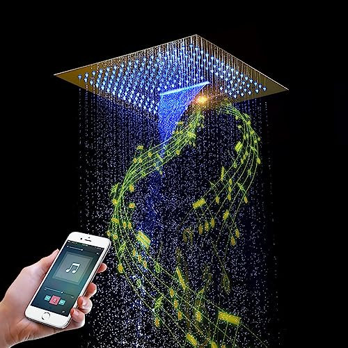 PINCHU LED Music Shower Head Gold 16 inch Square High Pressure Rainfall Showerhead with Rain and Waterfall modes, Built-in Bluetooth Speaker, 304 Stainless Steel, Remote Control 64 Color Lights