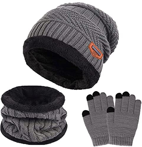 TMEOG Wintermütze Kinder Schal Handschuhe set, Strickmütze Kleinkind Loop Schal mit Fleece Futter Touchscreen Handschuhe Mütze, Schal & Handschuh-Sets für Jungen Mädchen 5-10 Jahre(grau)