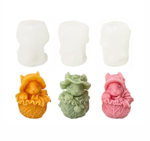 Xidmold 3 Stück Blumenkohl Kaninchen Kerzenform Ostern Silikonform Osterhase Silikon Form für Fondant, Sojawachs Kerzen, Seife, Gips, Epoxidharz, Handwerk