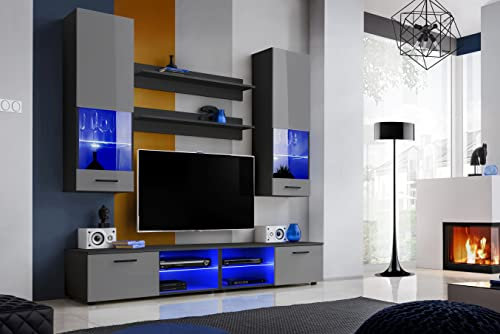 Komodee, Wohnwand Wohnzimmerset RTV Varallo, Grau Hochglanz/Schwarz Matt, Breite 200cm x Höhe 195cm x Tiefe 45cm, LED Blau, für Wohnzimmer, Schlafzimmer