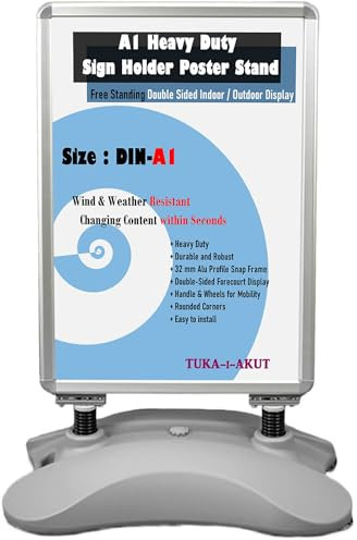 TUKA-i-AKUT A1 Support d'affiche Double Face Aluminium Panneau Antireflet, Stop Trottoir Exterieur et Intérieur, Robuste Présentoir Publicitaire Stable Pied et Roulettes, Wind-Sign TKD8425 Gris