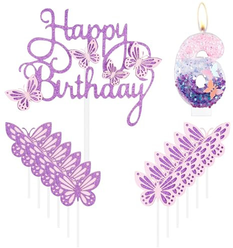 mciskin Butterfly Happy 6th Birthday Candles,Butterfly Cake Decorations,Pink Purple Number 6 Candle for Cake,Purple Cupcake Toppers Girls,Glitter Pink Topper for Girls' 6th Birthday Decorations