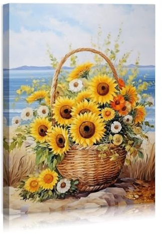 Sonnenblumen-Wanddekoration, rustikale gelbe Sonnenblume im gewebten Korb, Strand-Leinwand, Wandkunst, moderne Heimdekoration für Wohnzimmer, Kinderzimmer, Schlafzimmer, Badezimmer, Büro, gerahmt
