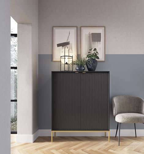BETTSO - Kommode - mit hohen Beinen - 125 cm hoch - Mehrzweckschrank - Schrank Schlafzimmer - für Wohnzimmer, Schlafzimmer - 2-türig - Modern, Glamour Schwarz - mit goldenen Griffen und Beinen