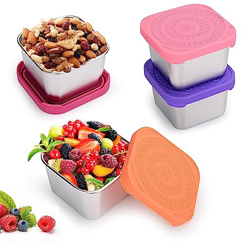 Hydream 4x180ml Edelstahl Snack-Behälter,Auslaufsichere Metall Lebensmittel Lagerung Box Container mit Silikondeckeln,Wiederverwendbare Stapelbar Mini Food Lunch Soße Boxen Tassen Set,Leicht zu Öffnen