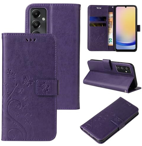 LBH Handy Hülle für Samsung Galaxy A25 5G Case Handytasche Schmetterling Blumen Flower Standfunktion Schutzhülle Magnet Rundum Schutz 360 Grad Flipcase Cover Violett
