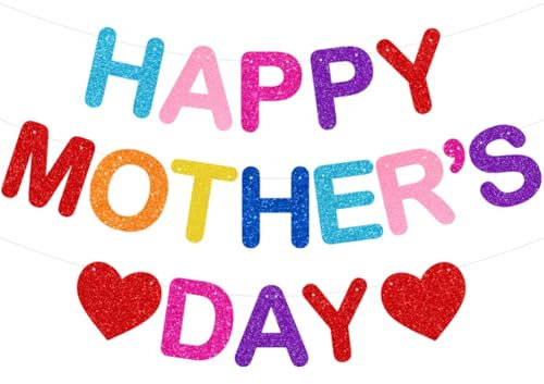 Glitzerndes Banner Happy Mother's Day, Muttertags-Dekoration, bunte Banner, Wimpelkette, Girlande, Liebesherz, Banner für Mutter, Muttertag, Party-Dekoration, Hintergrund, Foto-Requisite