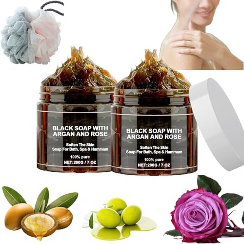 Morocco Black Beldi Savon, savon noir du Maroc Beldi, savon noir à l'argan et à la rose, savon exfoliant africain, barre de savon noir africain pour soins du corps (2 pièces)
