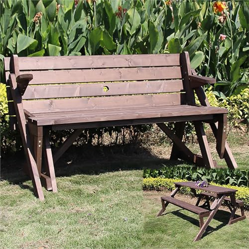 Banco de Jardín, Mesa de Picnic, Juego de Mesa de Picnic Convertible 2 en 1, Mesa de Comedor Plegable para Patio al Aire Libre, Banco de Jardín, Cubierta con Orificio para Sombrilla(Color:Brown)